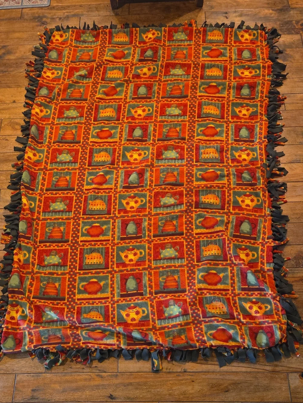 Handmade Fleece Tie Blanket Teapots Fall Autumn Colors 69x49
